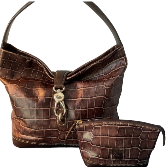 Dooney & Bourke Croco Logo Lock Shoulder Bag & Matching Zippered Pouch EUC - Picture 1 of 16